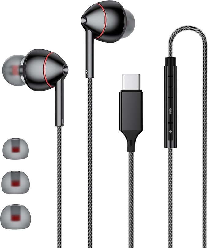 USB-C Wired Earbuds with Microphone, Volume Control, Noise Canceling, Compatible with Samsung Galaxy S24 S23 S22, iPhone 17 16 15 Pro Pro max, Pixel Phones