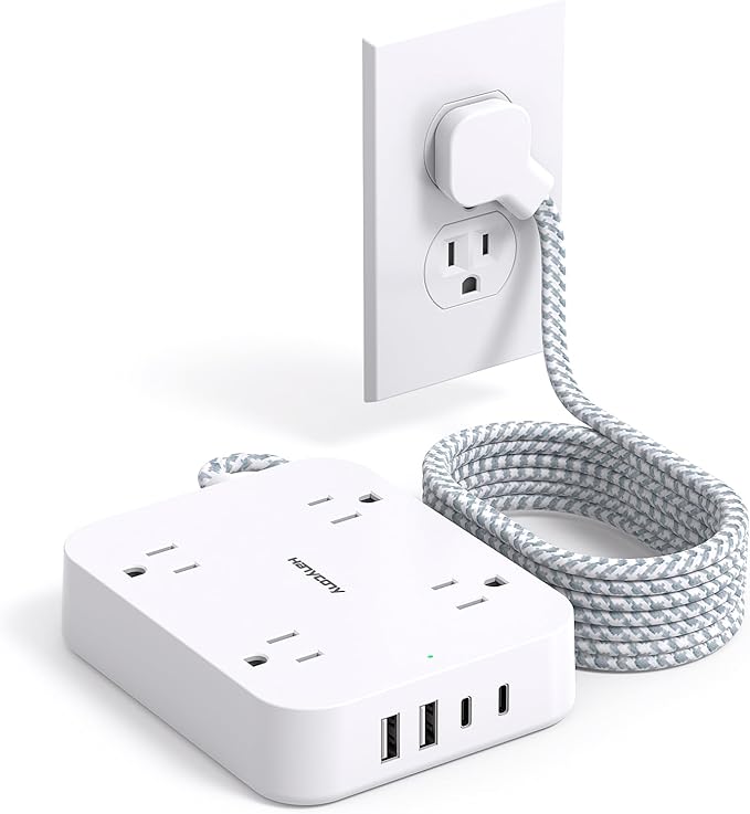 10 Ft Extension Cord, HANYCONY Ultra Thin Flat Power Strip with 4 Outlets 4 USB Ports (2 USB C), Wall Mount, Multi Plug Outlet Extender Desk Charging Station for Office Travel Dorm Room Essentials