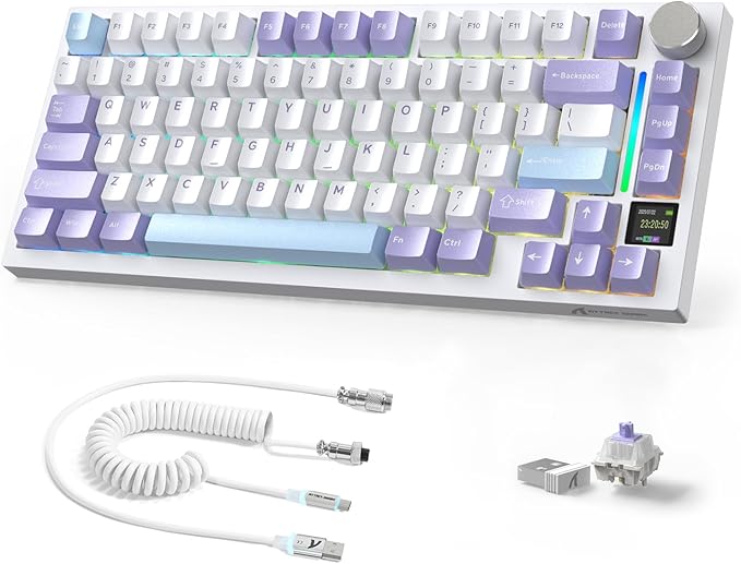 A.JAZZ Attack Shark X820Ultra 75% Wireless Mechanical Gaming Keyboard and Coiled Cable Hot Swappable 2.4GHz/Bluetooth/Wired Keyboard with Screen & Knob RGB Backlit Gasket Mount Gift Switch-Starwhite