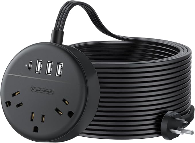 Extension Cord 25 ft, NTONPOWER Flat Plug Power Strip with USB, 3 Outlet 2 USB Desktop Charging Station, Wall Mount Power Strip for Home Office, Black