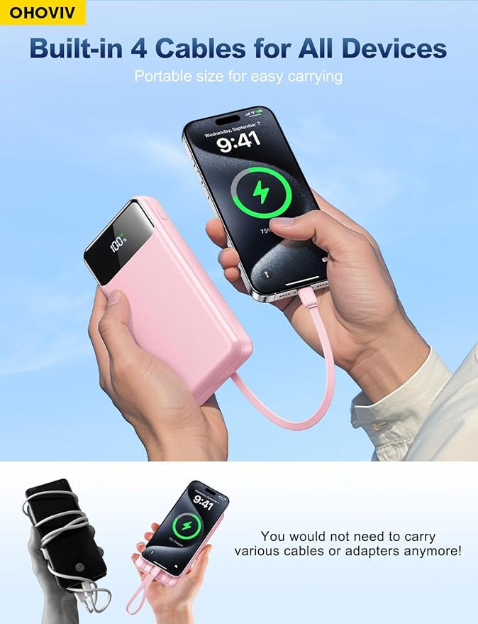 OHOVIV Portable Charger Power Bank 50000mAh Battery Pack, 22.5W Fast Charging PowerBank with Built in Cables,Travel Essential USB-C Portable Phone Charger for iPhone Samsung Pixel Android iPad-Pink