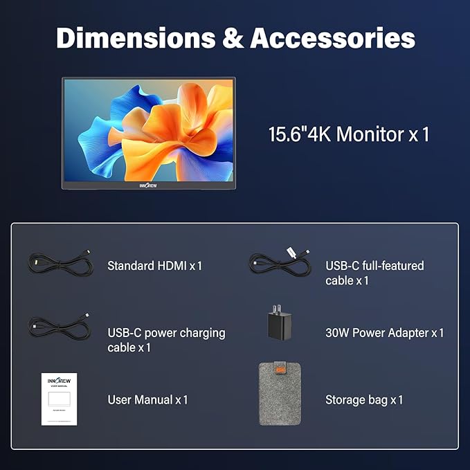 InnoView 15.6 inch Portable Monitor 4K UHD 3840x2160 | 100% sRGB HDR | External Monitor with 2 USB-C & HDMI Ports | Travel Second Monitor for Laptop Mac PC Xbox PS5 Switch (Includes Adapter)