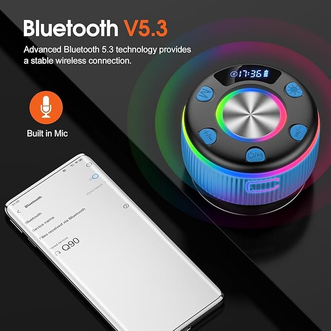 Bluetooth Shower Speaker, IP7 Waterproof Portable Bluetooth 5.3 Speakers with Suction Cup, Mini Wireless Speaker with RGB Lights Time Display, Loud Stereo Sound for Bathroom Beach Outdoor Party, Azure
