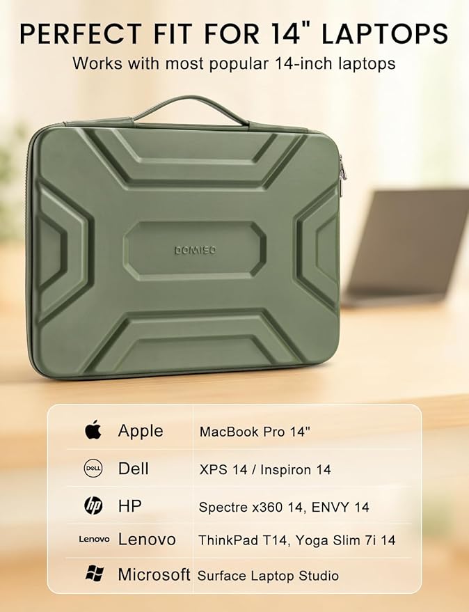 DOMISO 14 inch Laptop Sleeve with Handle, Shockproof & Waterproof EVA Protective Laptop case, Hard Laptop Sleeve for 14" HP Dell Asus Lenovo Laptop, Green