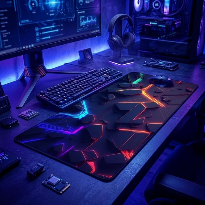 3D Neon Geometric Gaming Mouse Pad – Blacklight Large Extended Glow in the Dark Waterproof E-Sports Desk Mat with Non-Slip Base for Gamers & Office - 31.5" x 11.8"