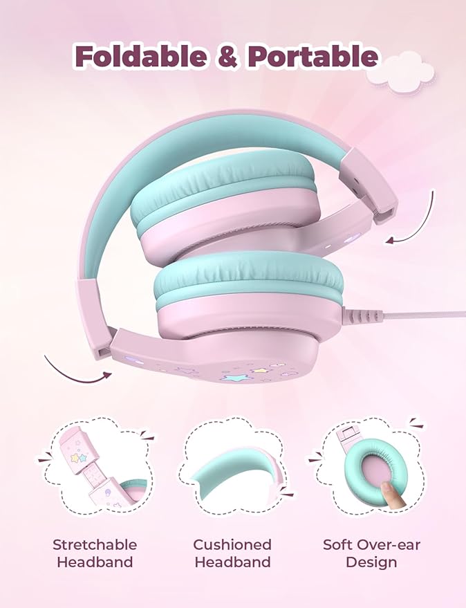iClever Kids Headphones for School/Travel with Safe Volume 85dBA, HS19S Stereo Sound Over-Ear Girls Boys Headphones for Kids, Foldable 3.5mm Wired Headphone for iPad/Computer