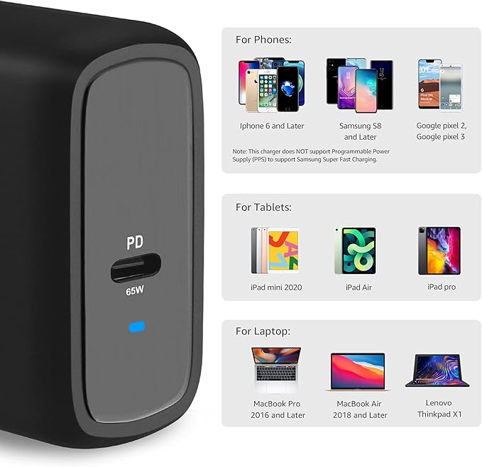 Amazon Basics 65W One-Port GaN USB-C Wall Charger with Power Delivery PD 3.0, Foldable Plug, Portable, Fast Charging for Laptops, Tablets & Phones, Black