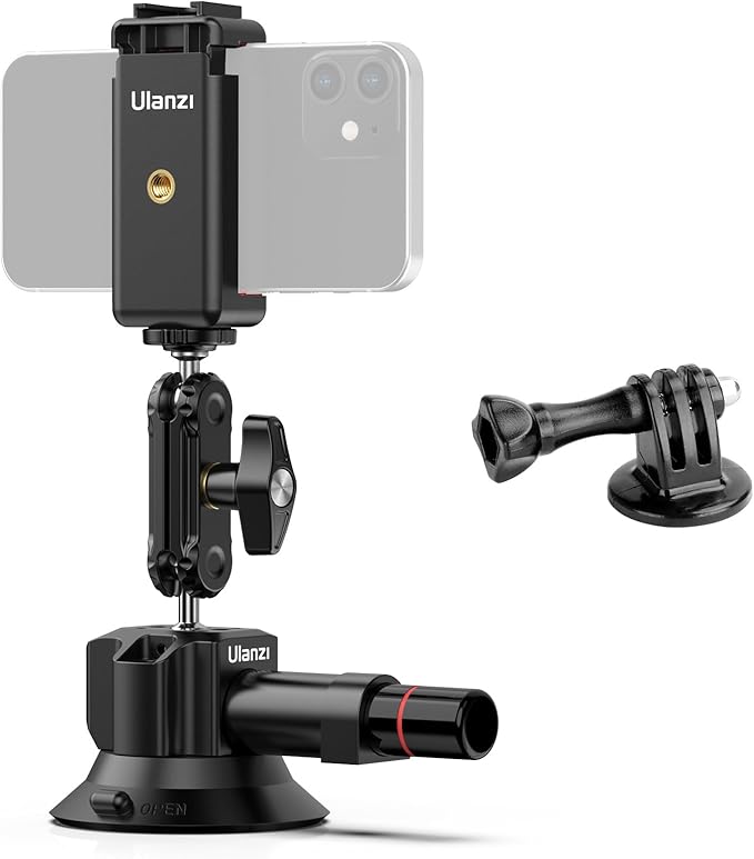 UURig SC-01 Suction Mount 3" for Vlogging Action Camera Car w Smartphone Clamp Compatible with DJI OSMO Pocket 3/Pocket 4/OSMO 360/Insta 360 x5/Xtra/iPhone 17 16 15 14,1/4" Magic Arm Windshield Window