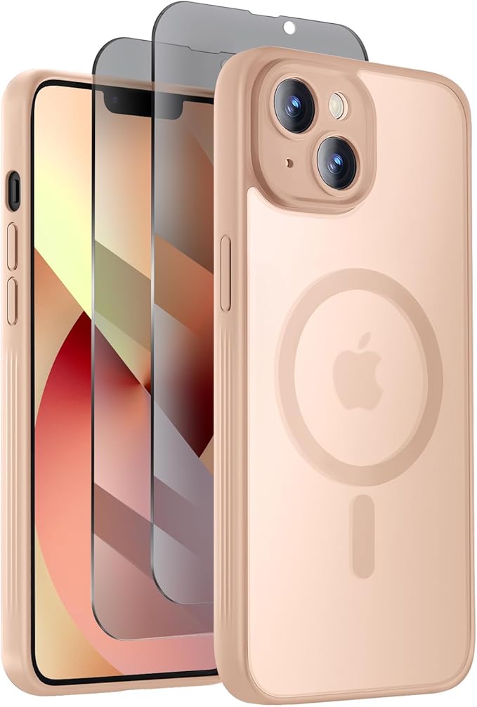 Symcele Designed for iPhone 13 Case, Compatible with MagSafe, with Privacy Screen Protectors X2, [Camera Protection] [15FT Military Drop Protection] Shockproof Phone Case, 6.1", Light Brown