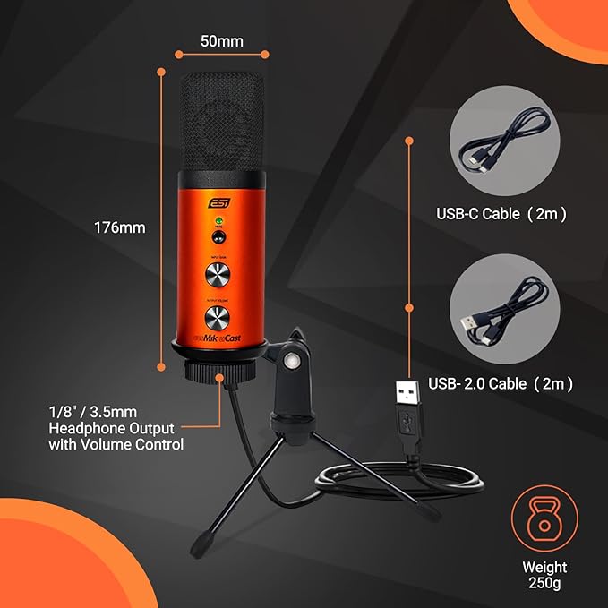 ESI cosMik uCast | USB Microphone, Cardioid Condenser Computer Microphone for Gaming, Streaming, Podcasting, 2m USB-C Cable, Mute Button, Built-in Headphone Jack, Gain Control, USB Mic for PC & Mac