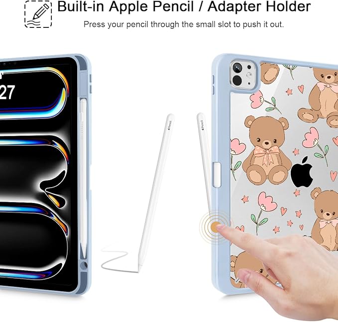 May Chen Case for iPad Pro 11-Inch M5/M4 2025/2024 (6th/5th Generation), [Penceil Holder] Trifold Stand Auto Wake/Sleep Clear TPU Protection Back Cover, Cute Teddy Bear