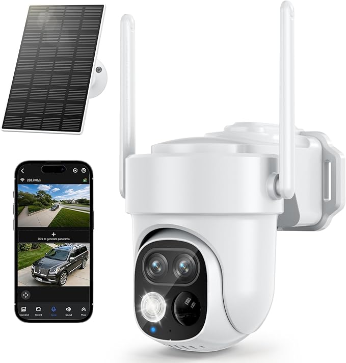 SV3C Security Cameras Wireless Outdoor, 2K Dual Lens Camera for Home Security with Solar Powered, Auto Tracking, 360°Pan & Tilt, No Subscription Fees, Color Night Vision, 2-Way Audio, (Add-on Camera)