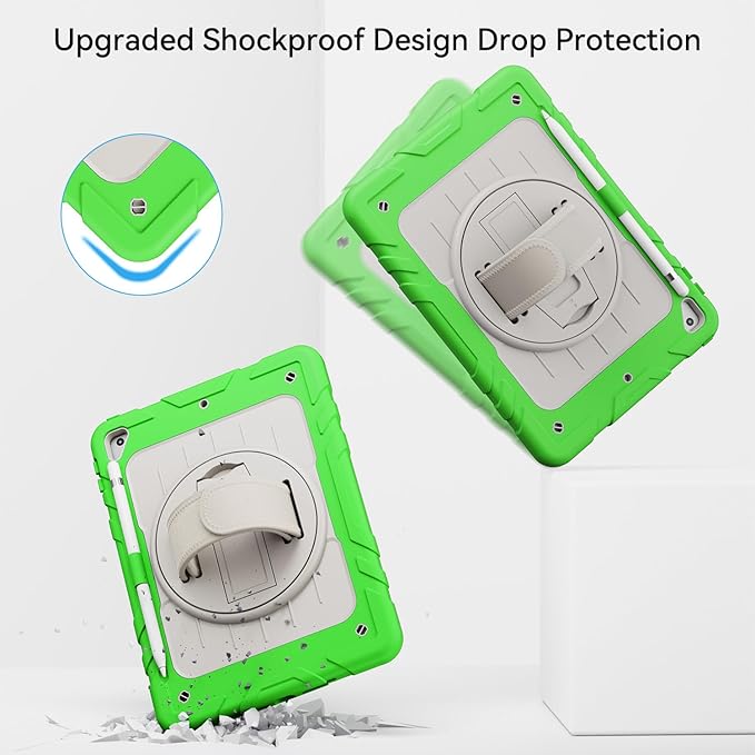 Case for iPad 6th/5th Generation 9.7'' with Screen Protector Pencil Holder [360 Rotating Hand Strap] &Stand, Drop-Proof Case for iPad 6th/5th/ Air 2/ Pro 9.7 (FruitGreen&Beige)