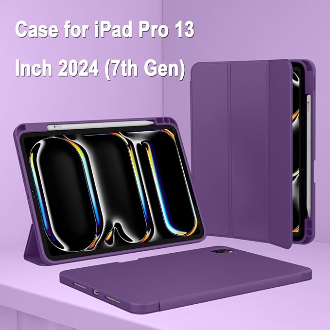 ZryXal New iPad Pro 13 Inch Case (M5) 2025 / (M4) 2024 with Pencil Holder, Smart iPad Case [Support Pencil Pro and Pencil (USB-C)], Support Touch ID and Auto Wake/Sleep (New Dark Purple)