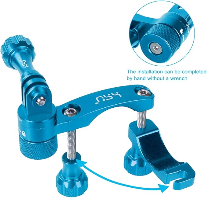HSU 0.6-1.3inch All-Aluminum Bike/Motorcycle Handlebars, 360° Rotation Seat Post, Ski Pole Mount Compatible with GoPro Hero 13/12/11/10/9/8/7/6/5, DJI Osmo Action AKASO and Other Action Cameras (Blue)