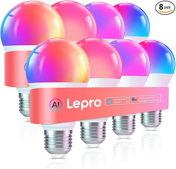 Lepro B1 AI Smart Light Bulbs - WiFi & Bluetooth RGBWW Color Changing LED Bulb Works with Alexa & Google Assistant, Personalized Al Lighting Designer, AI Voice Control, Music Sync, 2.4GHz Only, 8 Pack