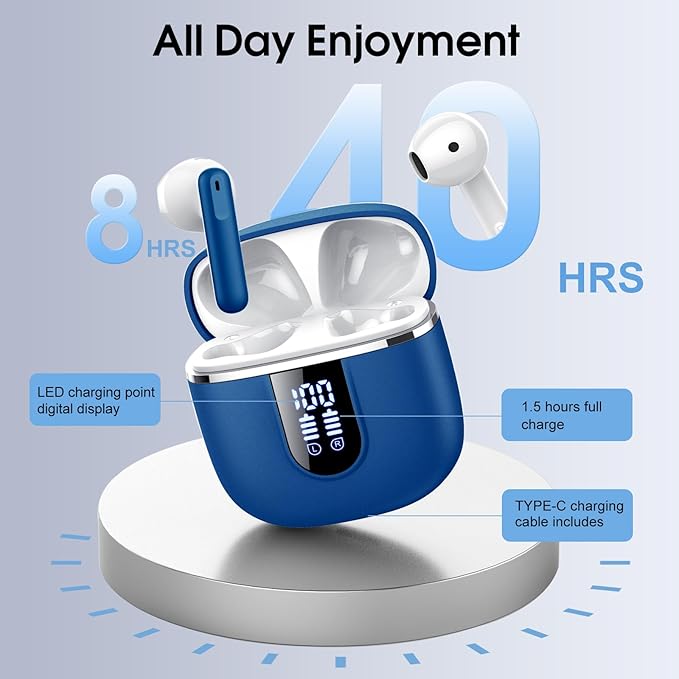 Wireless Earbuds, 2025 Bluetooth 5.4 Headphones in Ear buds, 40H HiFi Stereo Bluetooth Earbuds with 4 ENC Noise Cancelling Mics, IP7 Waterproof Ultralight Earphones with Dual LED Display USB C, Blue