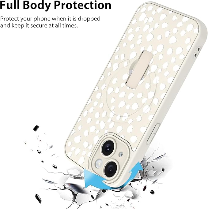KANGHAR Compatible with iPhone 15 Case, Support for MagSafe, Silicone Speck Leopard Cute Pattern, Wristband Kickstand Camera Protection Soft Slim Cover for Girls Women -White