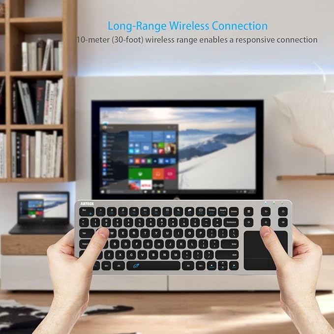 Arteck 2.4G Wireless Touch TV Keyboard with Easy Media Control and Built-in Touchpad Mouse Solid Stainless Ultra Compact Full Size Keyboard -Connected Computer, Smart TV, HTPC