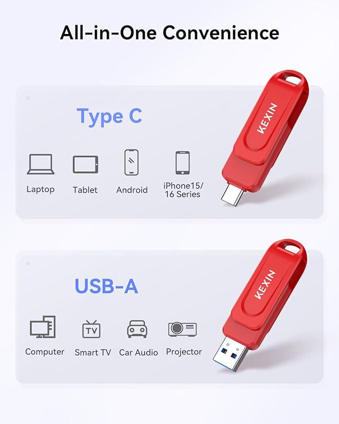 KEXIN Dual 32GB Flash Drive USB-A & Type-C Thumb Drive 3.0 100MB/s Swivel USB Drive 32GB Memory Stick for Smartphone Tablet iPhone 15/16 Car Game Console, Red