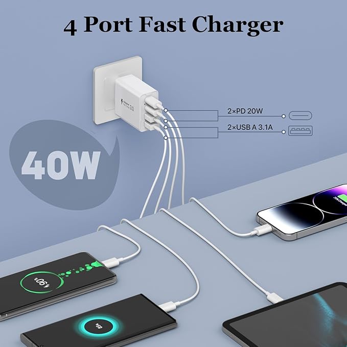 USB C Wall Charger, 40W 4-Port USB C Charger Block, Fast Charging Block Dual Port PD+QC Wall Plug Multiport Type C for iPhone 14/13/12/11/Pro Max/XS/XR/8/7, iPad, Samsung Phone, Tablet
