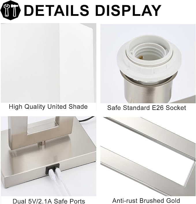 22'' Lamps for Bedrooms Set of 2, Touch Control Table Lamps with 2 USB Ports, 3-Way Dimmable Bedside Nightstand Lamps, Brushed Nickel &White Lamp for End Table Living Room Modern Contemporary