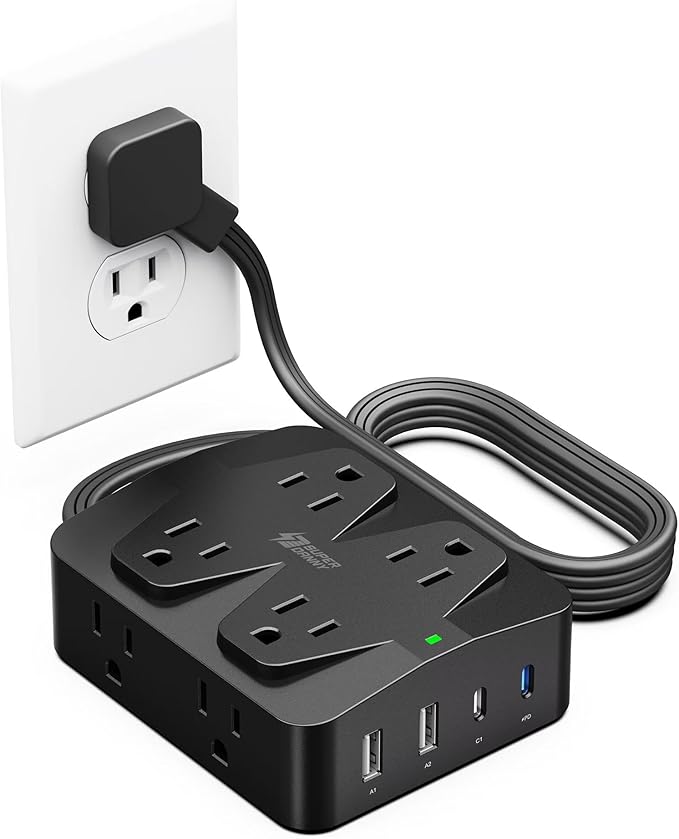 35W Fast Charging Power Strip, SUPERDANNY 6ft Flat Plug Extension Cord (13A/1625W) with 8 Wide Outlets & 4 USB Ports, Wall Mountable, 1050J Surge Protector Charging Station for Home Office Dorm