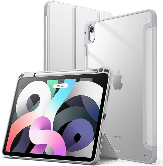JETech Case ONLY for iPad Air 11-Inch M4/M3/M2 (2026/2025/2024), iPad Air 5/4 (2022/2020 5th/4th) with Pencil Holder, Clear Transparent Back Slim Stand Shockproof Tablet Cover (Silver)