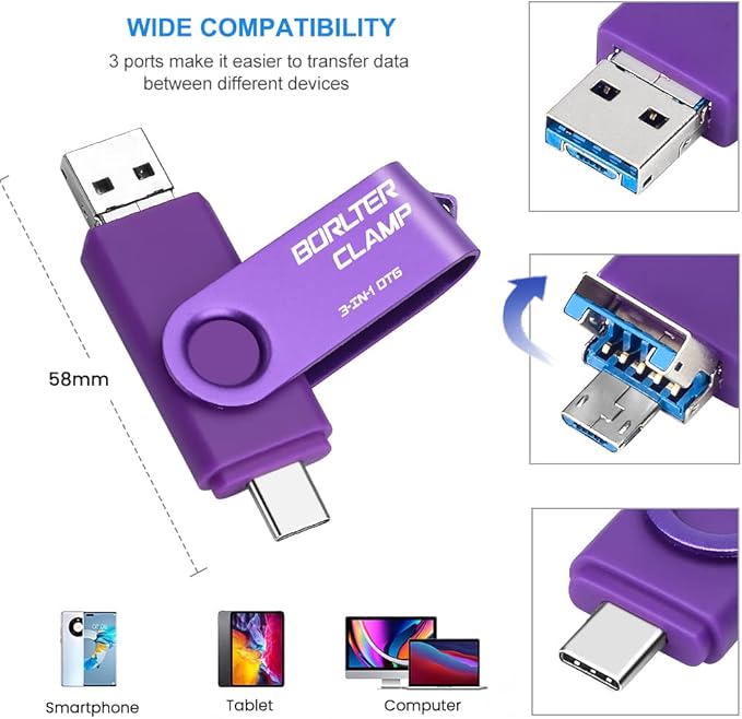 256GB 3 in 1 USB 3.0 Flash Drive Photo Stick for Android Phones, BorlterClamp OTG Memory Stick with 3 USB Ports (USB C, microUSB, USB A) for Samsung Galaxy, LG, Tablets, PC and More, Purple