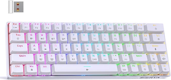 DIERYA DK63 60% Wireless Mechanical Gaming Keyboard | Bluetooth/2.4G/Wired Keyboard | RGB Backlit Compact 63 Keys Mini Office Keyboard | with Blue Switch | for Windows Laptop PC Gamer Typist-White