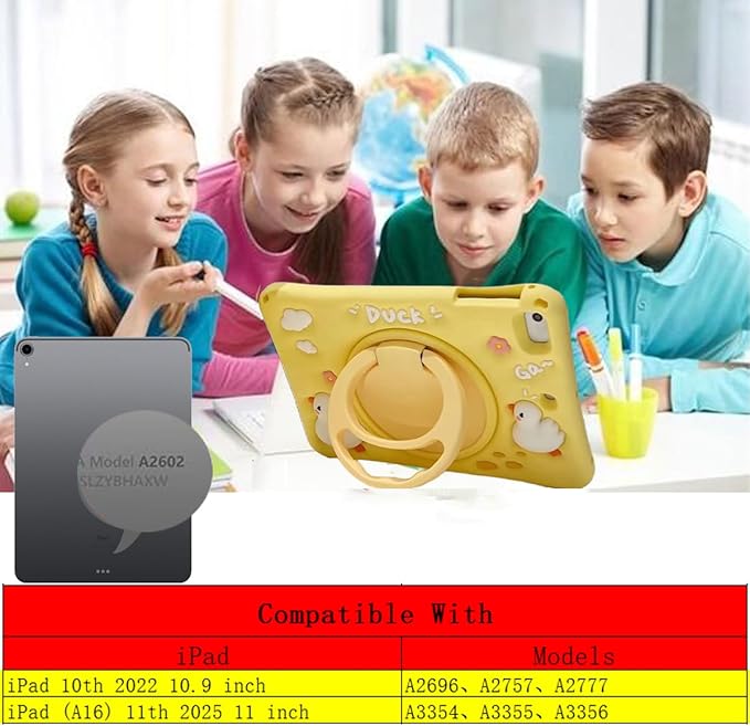 3D Cute Press Duck Case for iPad 10th Generation (2022) 10.9 inch/iPad (A16) 11th 2025 11 inch,Cartoon Character Duck Soft Silicone Rotating Stand Case with Lanyard for Kids Teens Girls Women