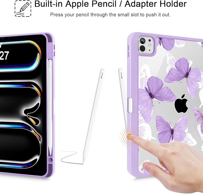 May Chen Case for iPad Pro 11-Inch M5/M4 2025/2024 (6th/5th Generation), Clear Transparent Print Back Shell Slim Stand Shockproof Tablet Cover, Auto Wake/Sleep, Butterfly P787