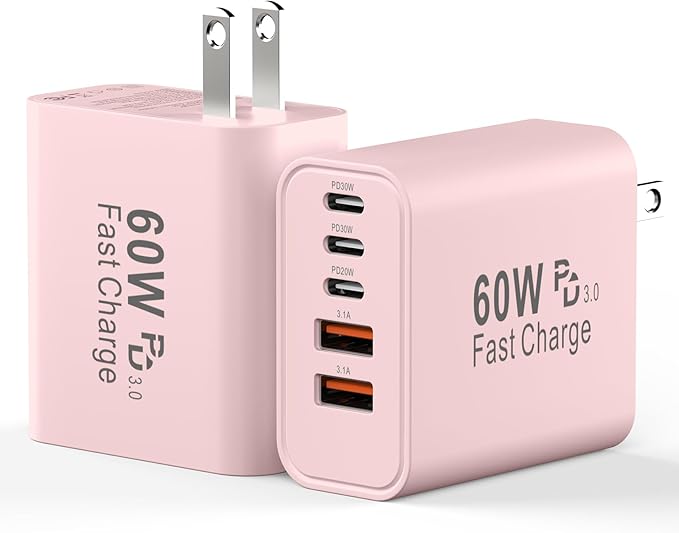 USB C Charging Blocks, 60W USBC Wall Fast Charger Block, Type C Phone USB C Charger Fast Charging Brick, 5-Port Multiport Charger Plug Power Adapter for Phone 17/16/15/14/13 Pro Max, Pad, S25-Pink