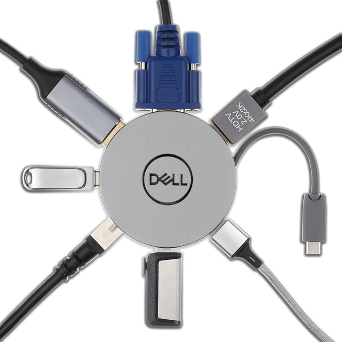 Dell 7-in-1 USB-C Multiport Adapter - DA310-2. USB-A Ports, 1 USB-C, 1 HDMI, 1 DisplayPort, 1 VGA and 1 RJ-45 Port, Crisp 4K Resolution at 60Hz, SuperSpeed Data Transfers, Lightweight and Portable.