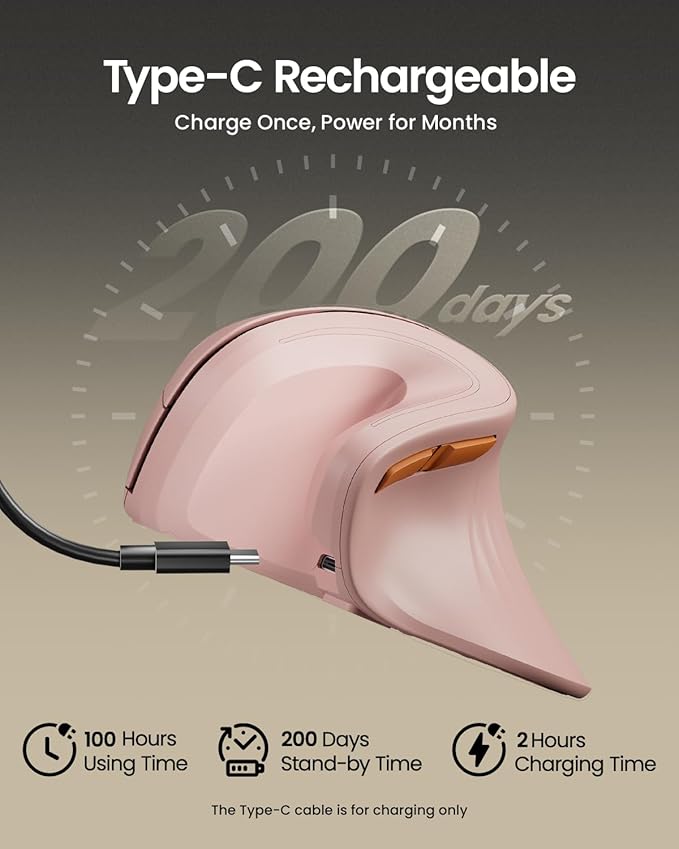 ProtoArc Ergonomic Mouse, EM11 NL Bluetooth Rechargeable Wireless Vertical Mouse, 3 Multi-Device Connectivity for Computer/PC/Laptop, 2.4GHz USB-A Optical Mice for Windows, Mac OS, Pink