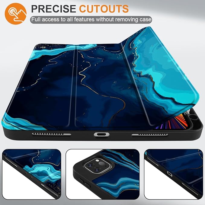 DONGKE Case for 2022/2021/2020/2018 iPad Pro 11 inch Gen 4/3/2/1 - Slim Protective Case - Built in Pencil Holder Support Charging - Trifold Stand & Sleep/Wake Cover - Blue Marble