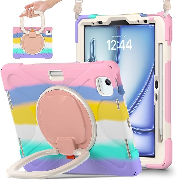 SCSVPN Kids Case for iPad Air 11 Inch M4/M3/M2 (2026/2025/2024), iPad Air 5th/4th Gen 10.9''(2022/2020), iPad Pro 11 4th/3rd/2nd/1st Gen, Protective Cover with Pen Holder, Stand, Shoulder Strap, Pink