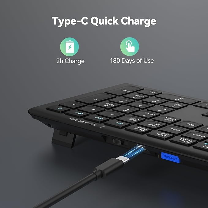 TECKNET Bluetooth Keyboard Rechargeable, 4-Device (2.4G+BT) Wireless Keyboard, Full Size Computer Keyboard with Stand, Ultra-Slim Quiet Typing, for PC/Laptop/Smart TV/Phone/Tablet, 12 Hotkeys