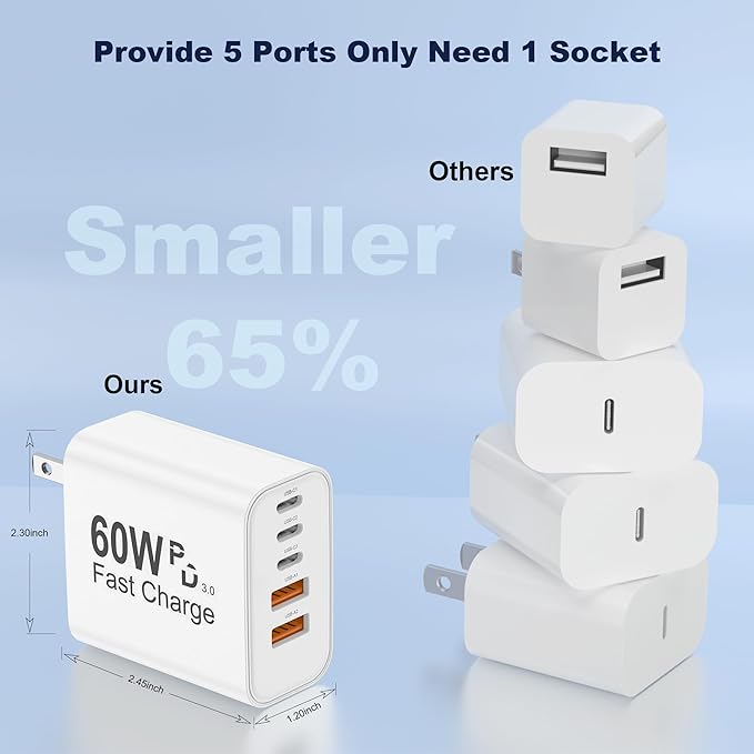 USB C Charger Block, 5 in 1 60W Charging Blocks, PD 3.0 25W Single Max Fast Charger, QC 2A USB Wall Charger for iPhone 17 16 15 14 13 12 Pro Max, iPad, iPod, Samsung, AirPods Pro, Apple Watch Series