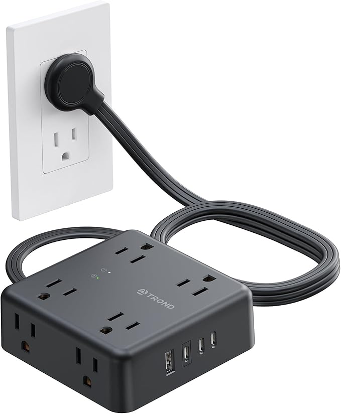 TROND Surge Protector Power Strip, 5FT Flat Plug Extension Cord with 8 Outlets & 4 USB Ports (3 USB C), 1625W, Wall Mount Outlet Extender for Home Office Dorm Room Essentials, Black