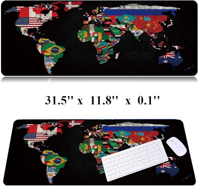 31.5x11.8 Inch Non-Slip Long Extended Large Gaming Mouse Pad with Stitched Edges XL Laptops Keyboard Mouse Mat(Black World Flag Map)