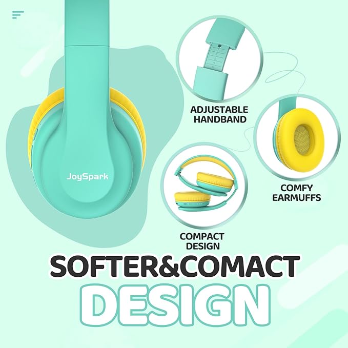 JoySpark Kids Bluetooth Headphones, Lightweight Wireless Headphones for Kids, 85/94dB Volume Limited, 60 Hours Playtime, Bluetooth 5.3, Over-Ear Toddler Headsets with Built-in Mic-Green
