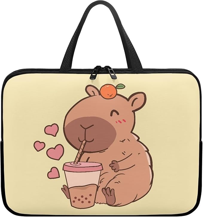 12 Inch Capybara Bubble Tea Laptop Sleeve, Protective Tablet Case with Handle, Water Resistant Zipper Computer Bag Carrying Case Notebook Cover Messenger Briefcase for Women