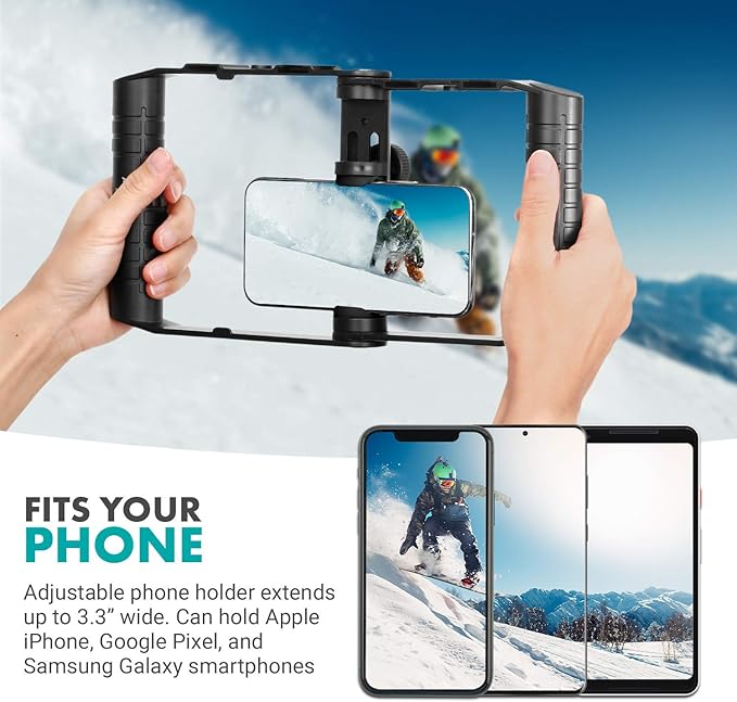 Movo SPR-20 Foldable Smartphone Video Rig Cage with Cold Shoe Mounts for Microphone or LED Light - Vlogging Mount Compatible with iPhone, Android - Smartphone Video Stabilizer Grip - Filming Equipment
