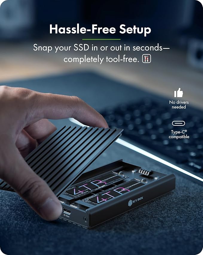 Dual M.2 NVMe SSD Enclosure, ICY BOX 20Gbps NVMe Enclosure, USB C to M2 Adapter for M Key PCIe 2230/2242/2260/2280 M.2 SSDs, Dual Bay Tool-Free Installation Aluminum SSDs Reader