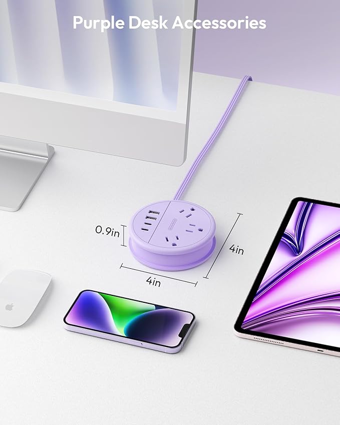 NTONPOWER Purple Travel Power Strip with 3 AC Outlet 4 USB(2 USB C), Dorm Room Essentials 4FT Flat Extension Cord, Purple Desk Accessories Compact fo for Hotel Travel Cruise Essentials