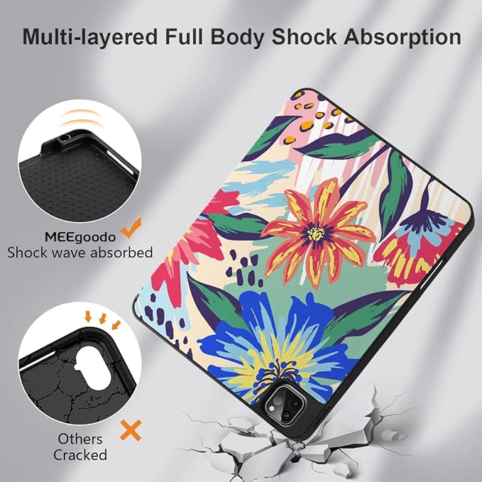 MEEgoodo for iPad Pro M2 12.9 Case 6th/5th/4th/3rd Generation 2022 2021 2020 2018 with Pencil Holder, Tablet Cover with Soft TPU Back Shell, Art Painted Flowers