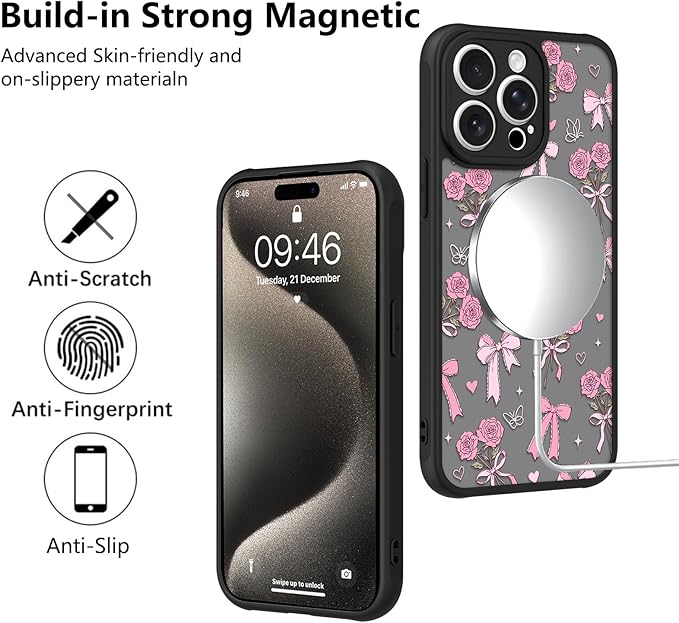 KANGHAR Case Compatible with iPhone 15 Pro Max Bows Bouquet Pattern [Compatible with Magsafe] Cute Flowers Florals Protective Magnetic Case for Girls Women Men
