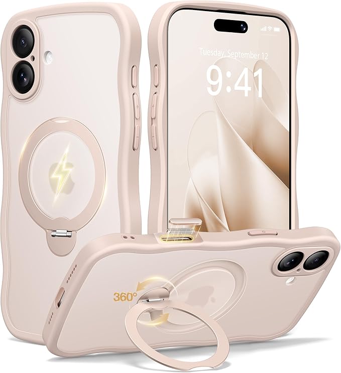 CAPRARO for iPhone 16 Case with 360° Spin Magnetic Stand for Women, [Compatible with MagSafe] [Full Camera Protection] Cute Wave Translucent Matte Case for iPhone 16, Pink Gold