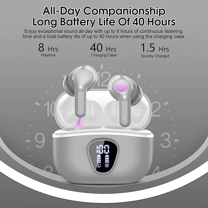 Wireless Earbuds, Bluetooth 5.4 Headphones HiFi Stereo, Bluetooth Earbuds with ENC Noise Cancelling Mic, IP7 Waterproof in Ear Earphones, 48H, LED Display Ear buds for Pad Phones Workout Sports, Grey